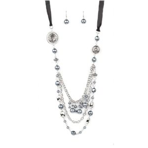 Black Ribbon Jewelry Set Beaded Tiered Chain Victorian Necklace & Earrings